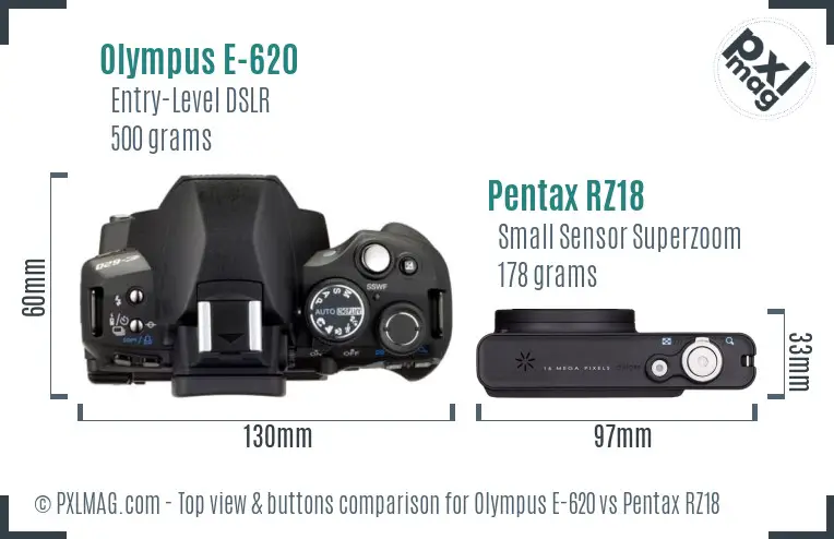 Olympus E-620 vs Pentax RZ18 top view buttons comparison