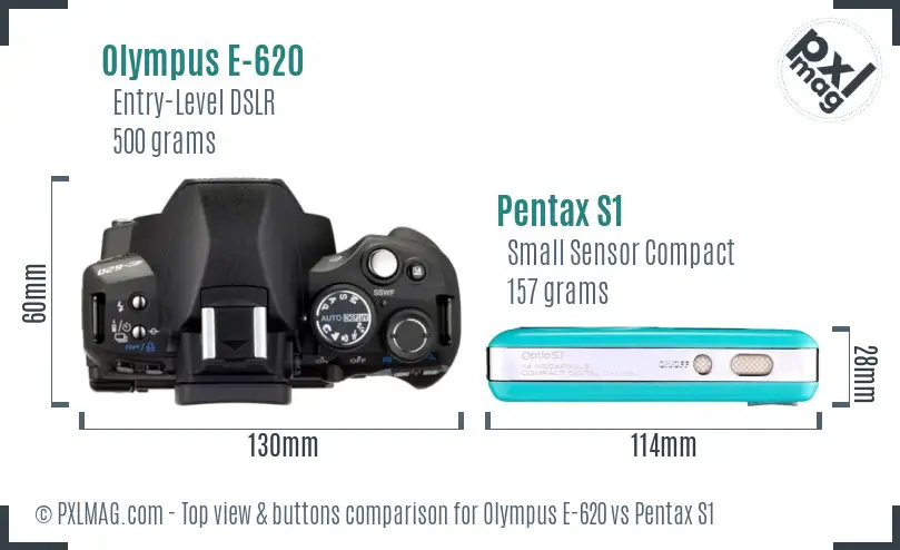 Olympus E-620 vs Pentax S1 top view buttons comparison