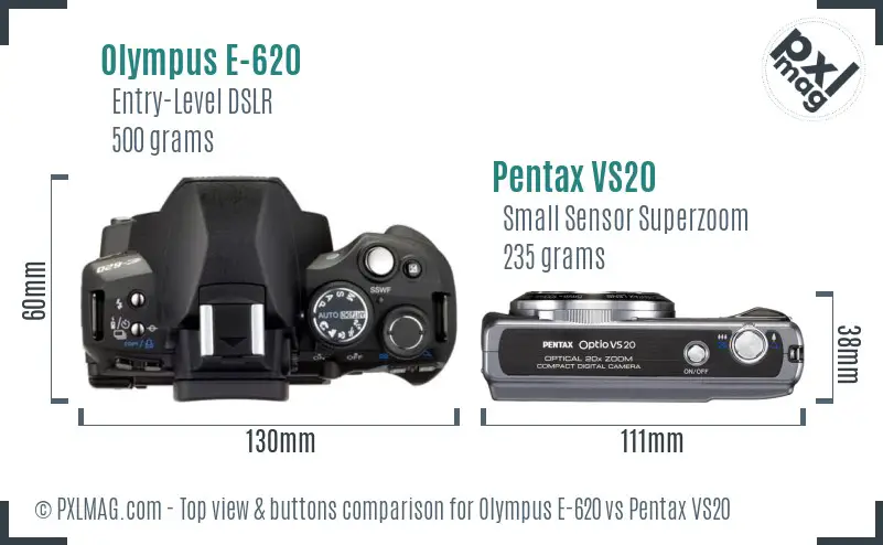 Olympus E-620 vs Pentax VS20 top view buttons comparison