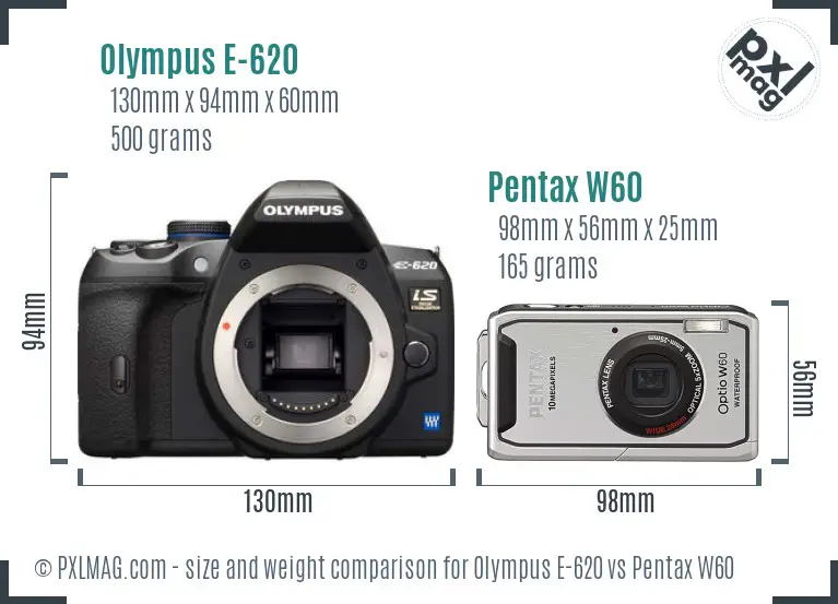 Olympus E-620 vs Pentax W60 size comparison