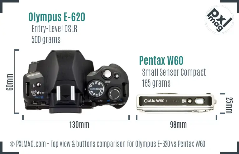 Olympus E-620 vs Pentax W60 top view buttons comparison