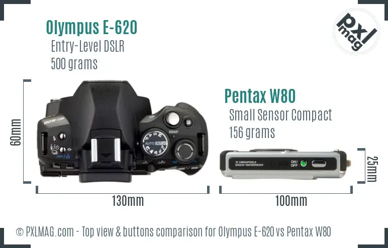 Olympus E-620 vs Pentax W80 top view buttons comparison