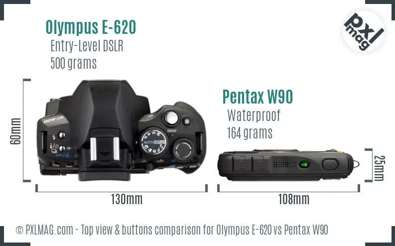 Olympus E-620 vs Pentax W90 top view buttons comparison
