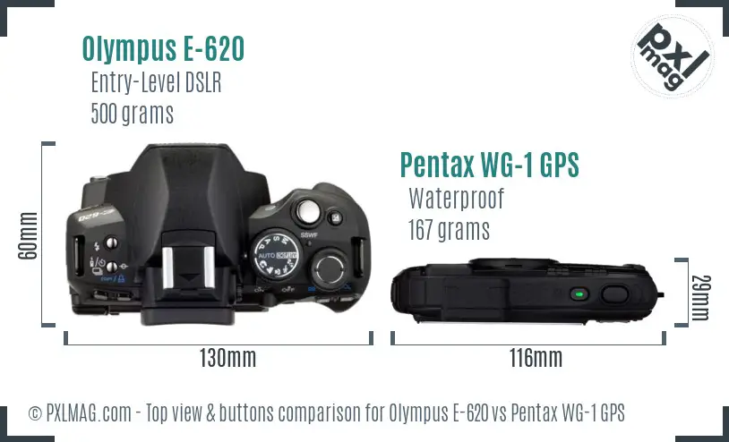 Olympus E-620 vs Pentax WG-1 GPS top view buttons comparison
