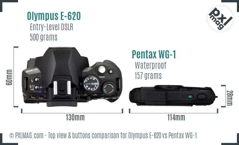 Olympus E-620 vs Pentax WG-1 top view buttons comparison