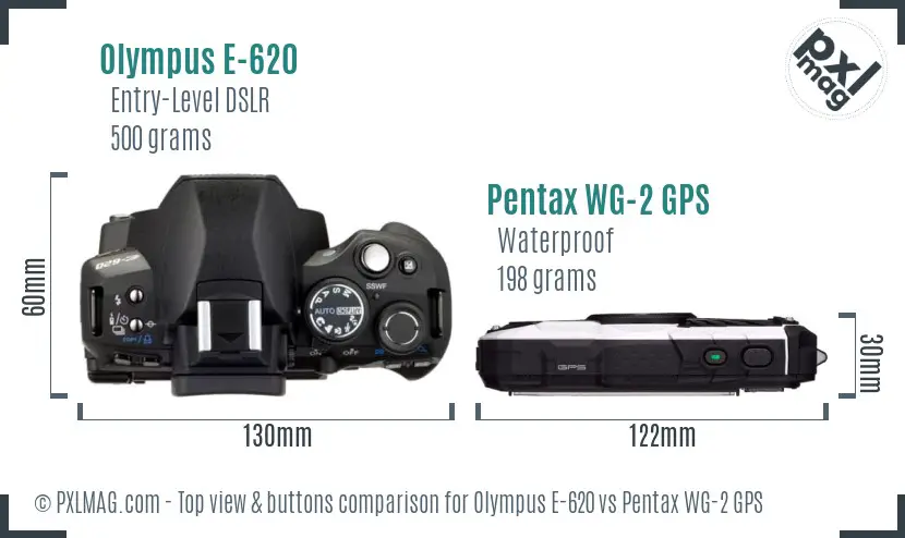 Olympus E-620 vs Pentax WG-2 GPS top view buttons comparison