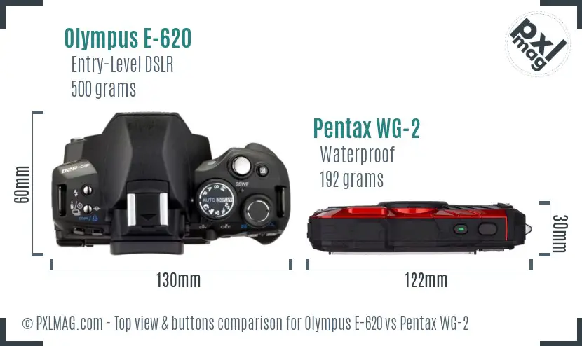 Olympus E-620 vs Pentax WG-2 top view buttons comparison