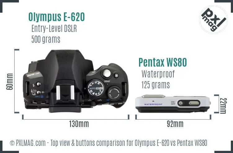 Olympus E-620 vs Pentax WS80 top view buttons comparison