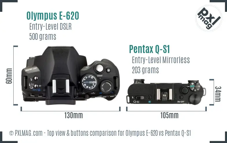 Olympus E-620 vs Pentax Q-S1 top view buttons comparison