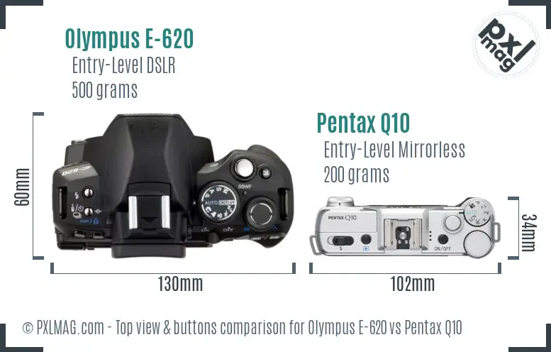 Olympus E-620 vs Pentax Q10 top view buttons comparison