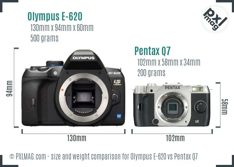 Olympus E-620 vs Pentax Q7 size comparison