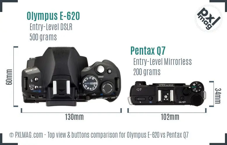 Olympus E-620 vs Pentax Q7 top view buttons comparison