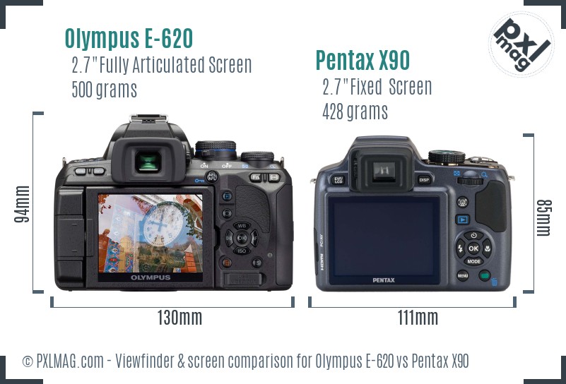 Olympus E-620 vs Pentax X90 Screen and Viewfinder comparison