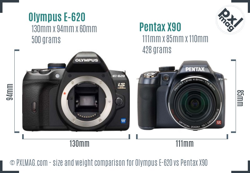 Olympus E-620 vs Pentax X90 size comparison Olympus E-620 vs Pentax X90 size comparison