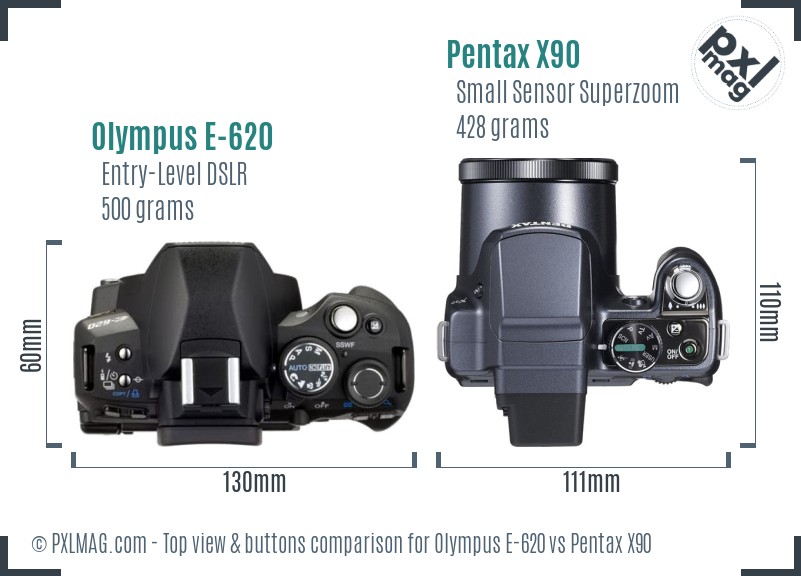 Olympus E-620 vs Pentax X90 top view buttons comparison