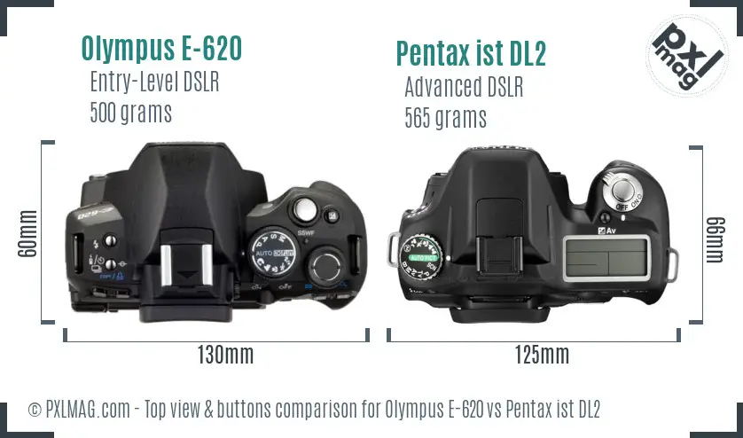 Olympus E-620 vs Pentax ist DL2 top view buttons comparison