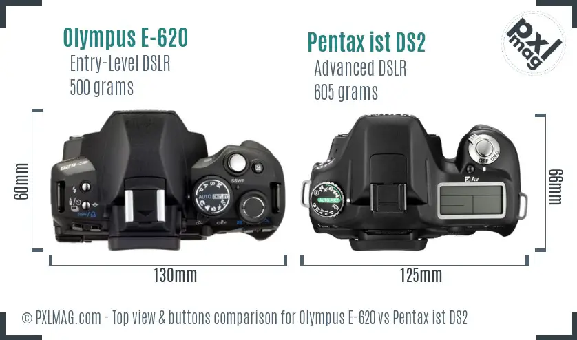Olympus E-620 vs Pentax ist DS2 top view buttons comparison