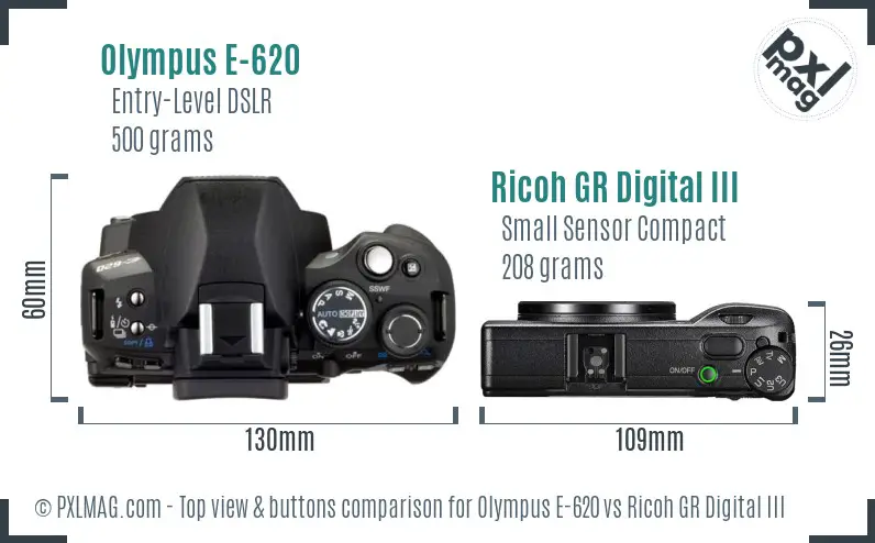 Olympus E-620 vs Ricoh GR Digital III top view buttons comparison Olympus E-620 vs Ricoh GR Digital III top view buttons comparison