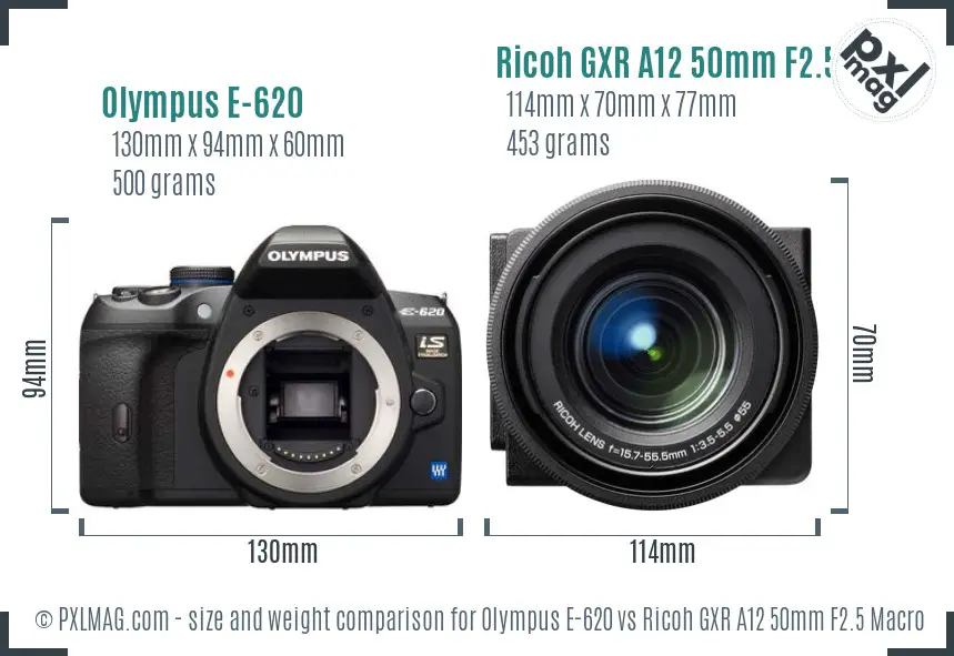 Olympus E-620 vs Ricoh GXR A12 50mm F2.5 Macro size comparison