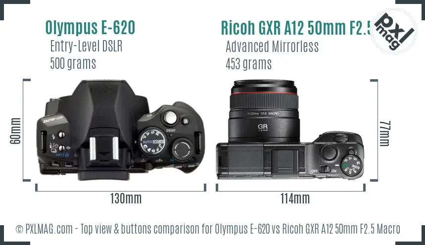 Olympus E-620 vs Ricoh GXR A12 50mm F2.5 Macro top view buttons comparison