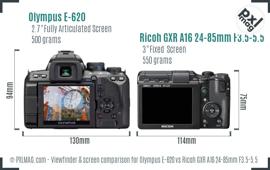 Olympus E-620 vs Ricoh GXR A16 24-85mm F3.5-5.5 Screen and Viewfinder comparison