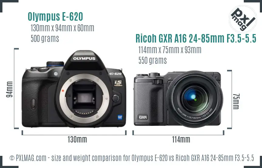 Olympus E-620 vs Ricoh GXR A16 24-85mm F3.5-5.5 size comparison