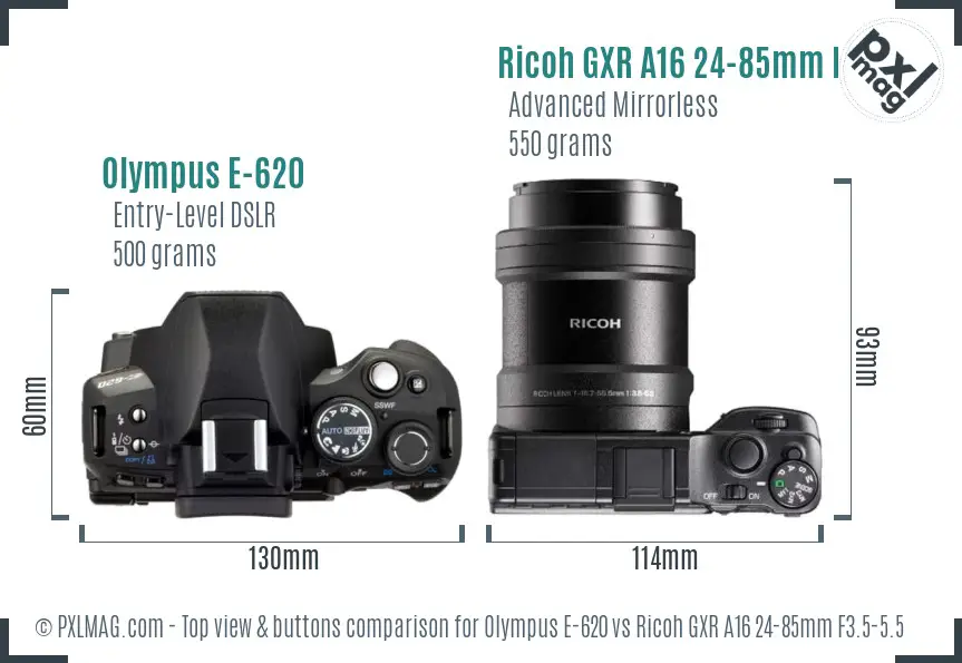 Olympus E-620 vs Ricoh GXR A16 24-85mm F3.5-5.5 top view buttons comparison