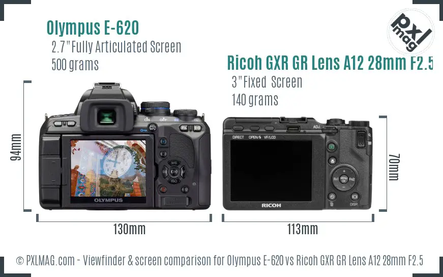 Olympus E-620 vs Ricoh GXR GR Lens A12 28mm F2.5 Screen and Viewfinder comparison