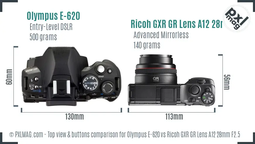 Olympus E-620 vs Ricoh GXR GR Lens A12 28mm F2.5 top view buttons comparison