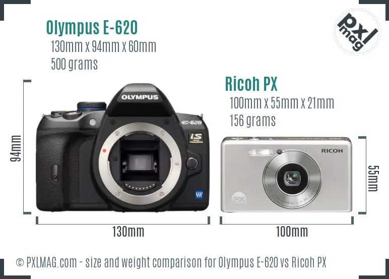Olympus E-620 vs Ricoh PX size comparison