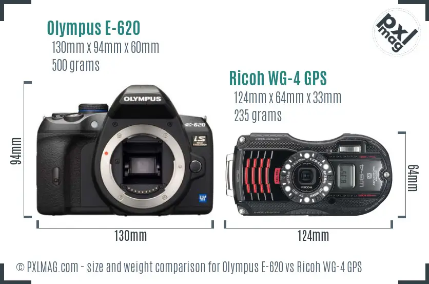 Olympus E-620 vs Ricoh WG-4 GPS size comparison Olympus E-620 vs Ricoh WG-4 GPS size comparison
