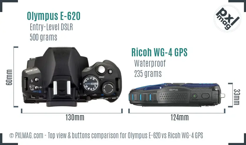 Olympus E-620 vs Ricoh WG-4 GPS top view buttons comparison Olympus E-620 vs Ricoh WG-4 GPS top view buttons comparison