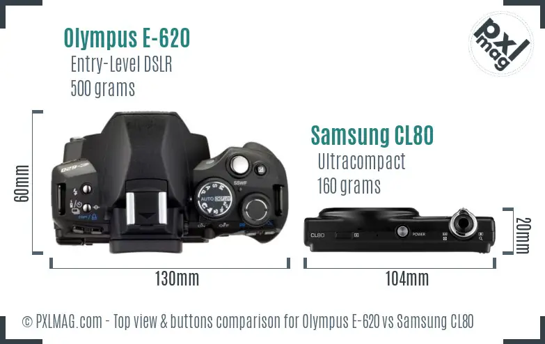 Olympus E-620 vs Samsung CL80 top view buttons comparison