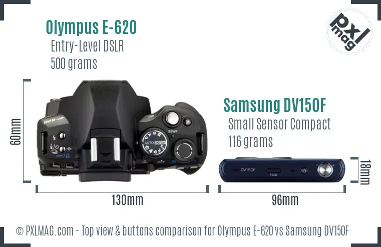 Olympus E-620 vs Samsung DV150F top view buttons comparison Olympus E-620 vs Samsung DV150F top view buttons comparison