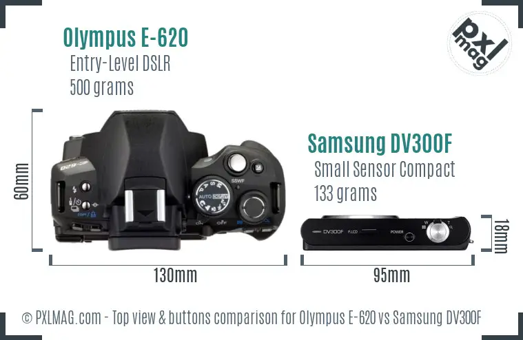 Olympus E-620 vs Samsung DV300F top view buttons comparison