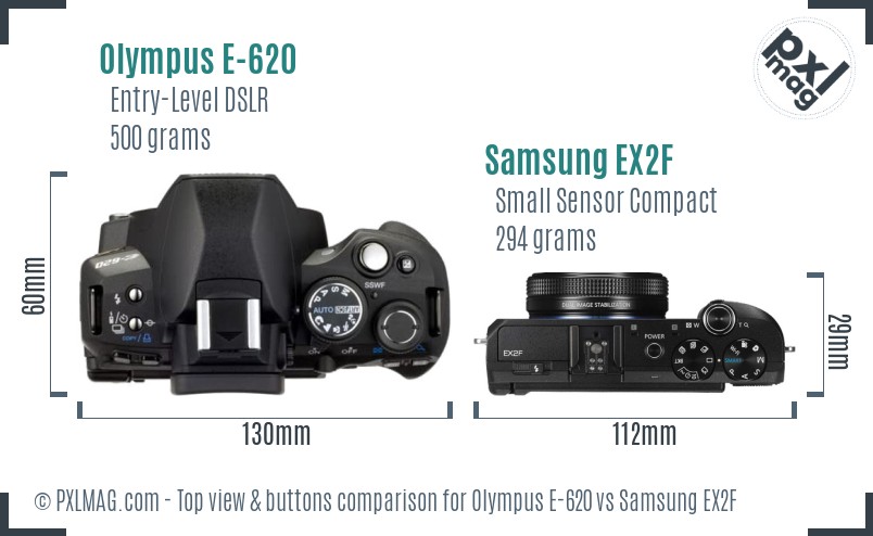 Olympus E-620 vs Samsung EX2F top view buttons comparison