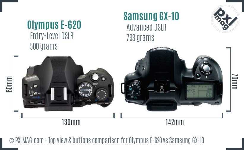 Olympus E-620 vs Samsung GX-10 top view buttons comparison