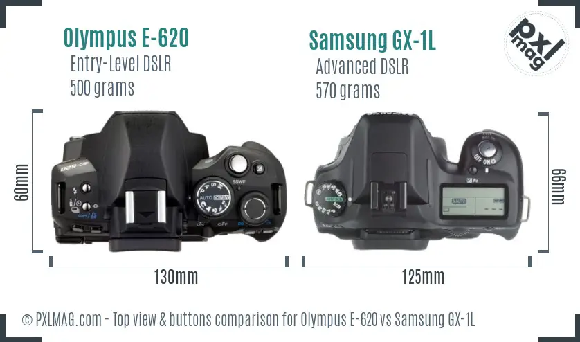 Olympus E-620 vs Samsung GX-1L top view buttons comparison