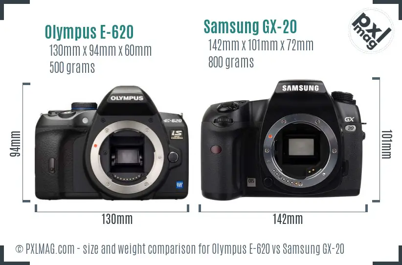 Olympus E-620 vs Samsung GX-20 size comparison Olympus E-620 vs Samsung GX-20 size comparison