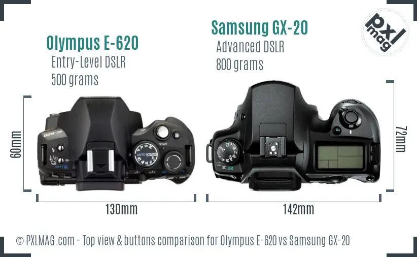 Olympus E-620 vs Samsung GX-20 top view buttons comparison Olympus E-620 vs Samsung GX-20 top view buttons comparison