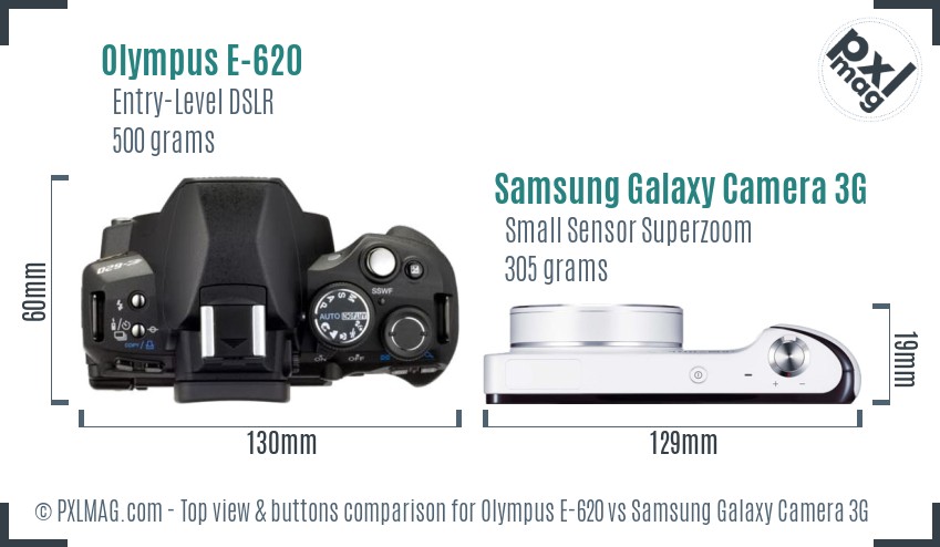 Olympus E-620 vs Samsung Galaxy Camera 3G top view buttons comparison