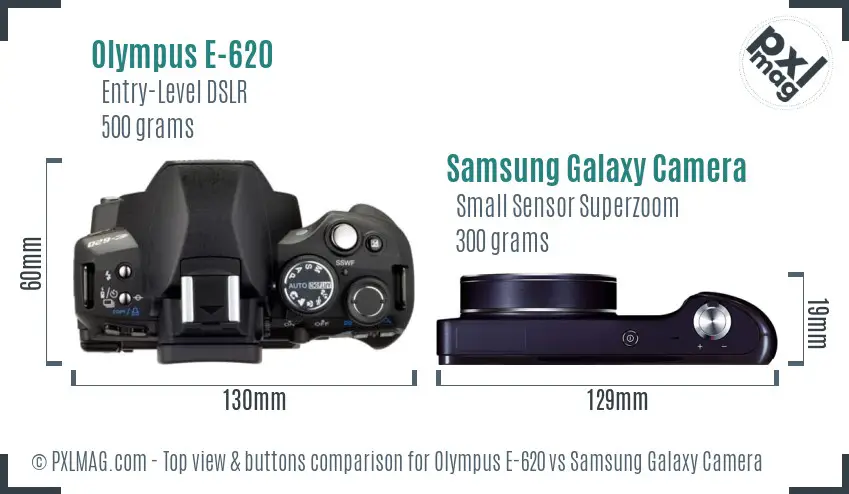 Olympus E-620 vs Samsung Galaxy Camera top view buttons comparison Olympus E-620 vs Samsung Galaxy Camera top view buttons comparison