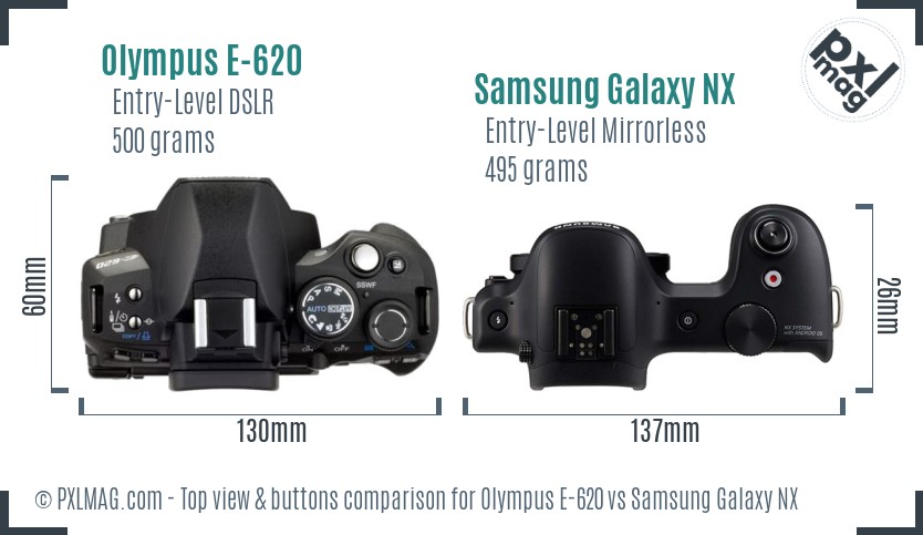 Olympus E-620 vs Samsung Galaxy NX top view buttons comparison