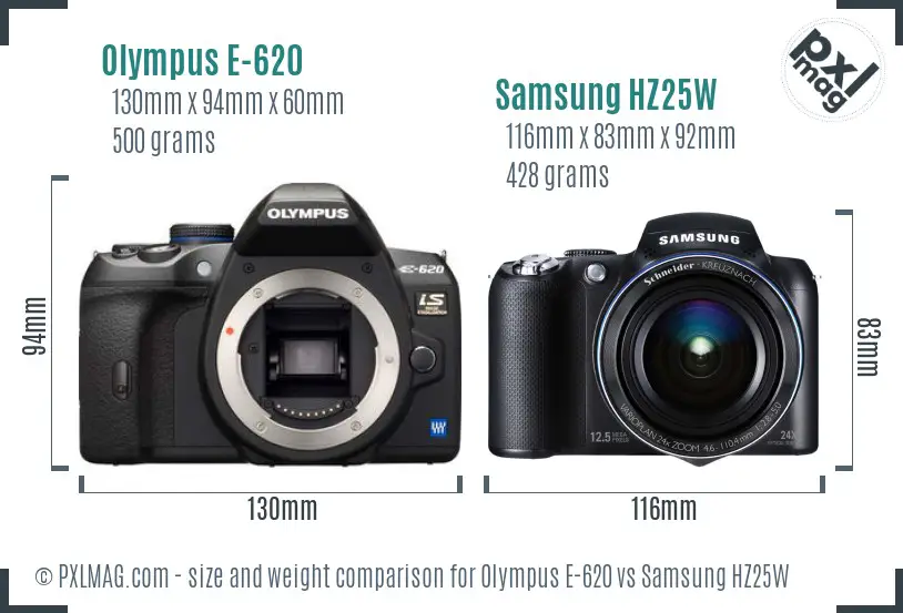 Olympus E-620 vs Samsung HZ25W size comparison Olympus E-620 vs Samsung HZ25W size comparison