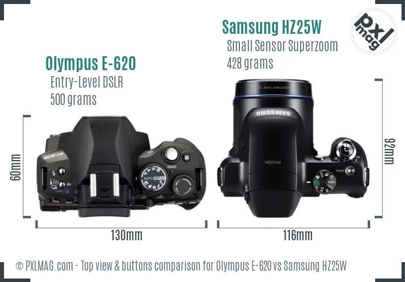 Olympus E-620 vs Samsung HZ25W top view buttons comparison Olympus E-620 vs Samsung HZ25W top view buttons comparison