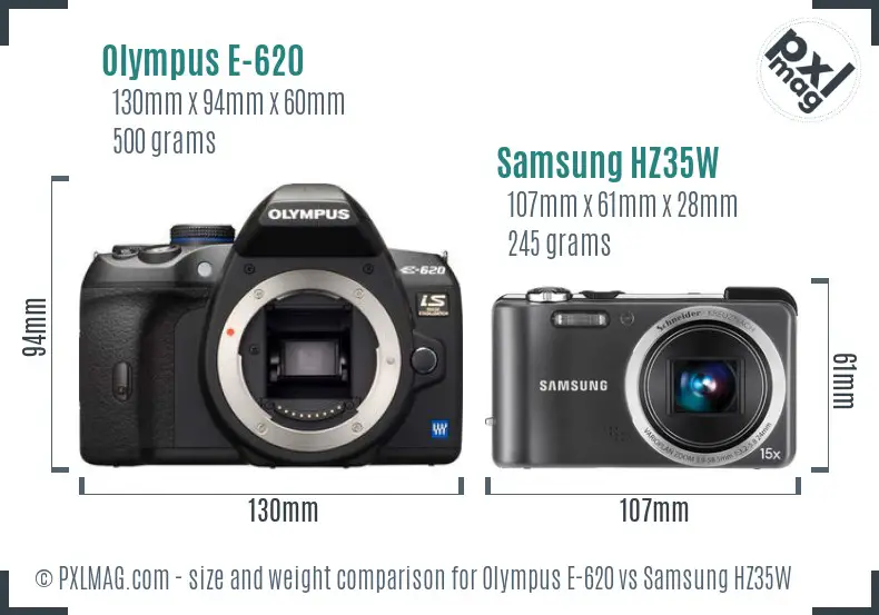 Olympus E-620 vs Samsung HZ35W size comparison