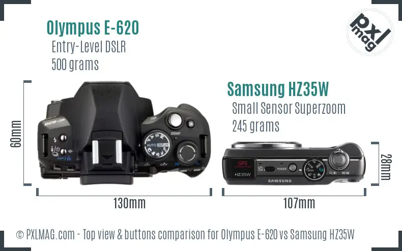 Olympus E-620 vs Samsung HZ35W top view buttons comparison