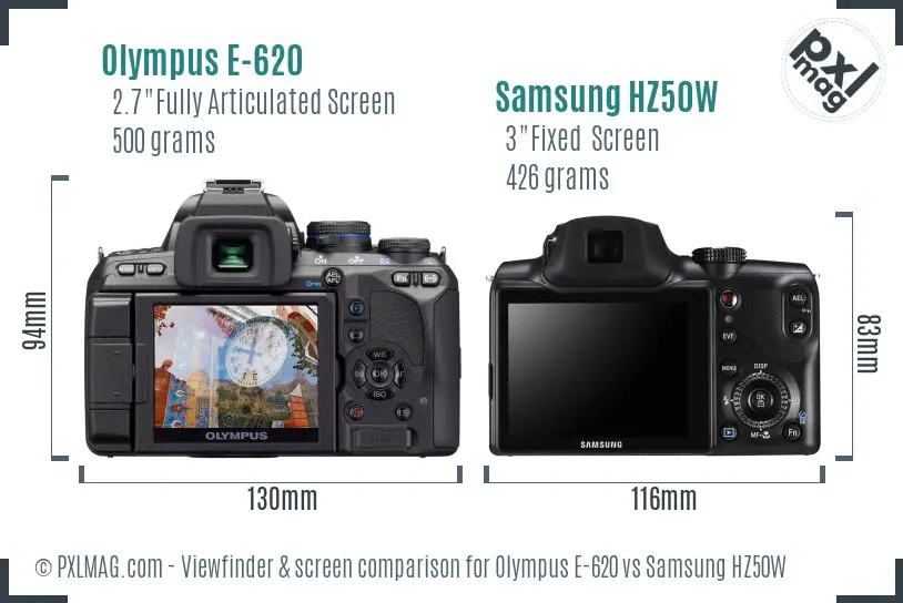 Olympus E-620 vs Samsung HZ50W Screen and Viewfinder comparison