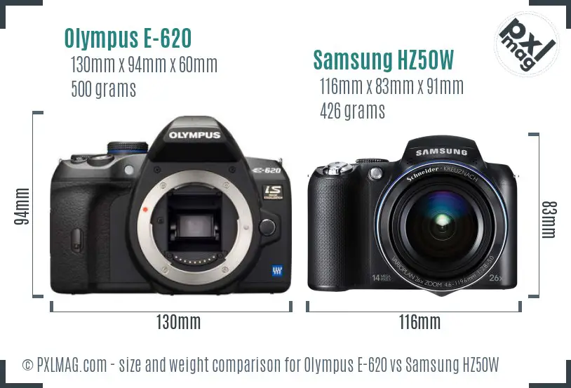 Olympus E-620 vs Samsung HZ50W size comparison