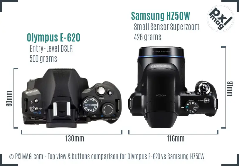 Olympus E-620 vs Samsung HZ50W top view buttons comparison